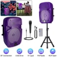 thumbnail image 2 of Portable Bluetooth Speaker 8" Woofer w/ Tripod Stand Microphone Remote Control Purple LED Clear Shell, 2 of 9