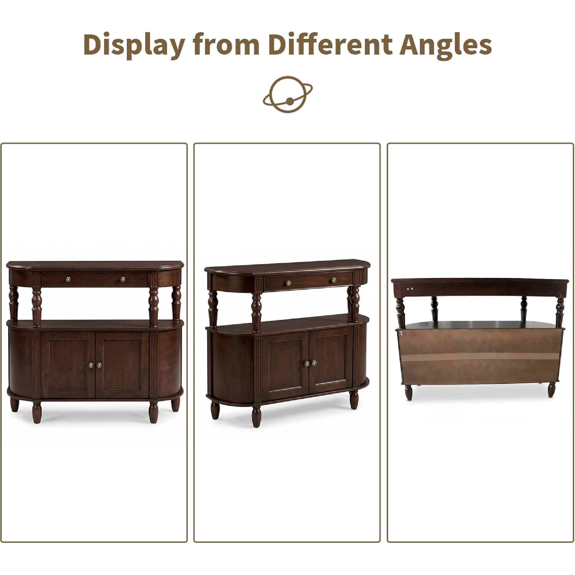 LKTART Reston Curved Console Table with 2-Door Cabinet and Drawer, Solid Wood Legs Half Moon Entryway Table with Adjustable Shelf, Walnut