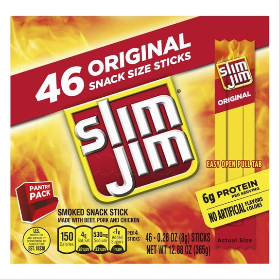 Slim Jim 6g Protein Original Snack-Size Smoked Meat Sticks Pantry Pack, 46 ct (Package May Vary)