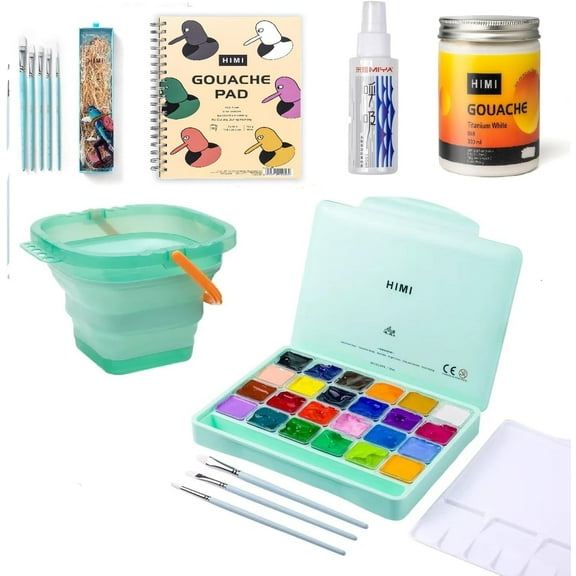 HIMI Gouache Paint Set, 24 Colors x 30ml/1oz with Brushes and art supplies