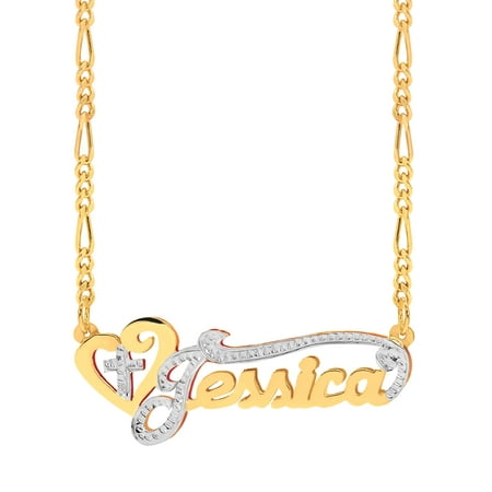 Personalized Sterling Silver, Gold Plated, 10k or 14k Religious Nameplate Necklace with Heart and Cross with an 18 inch Silver Plated Figaro Chain
