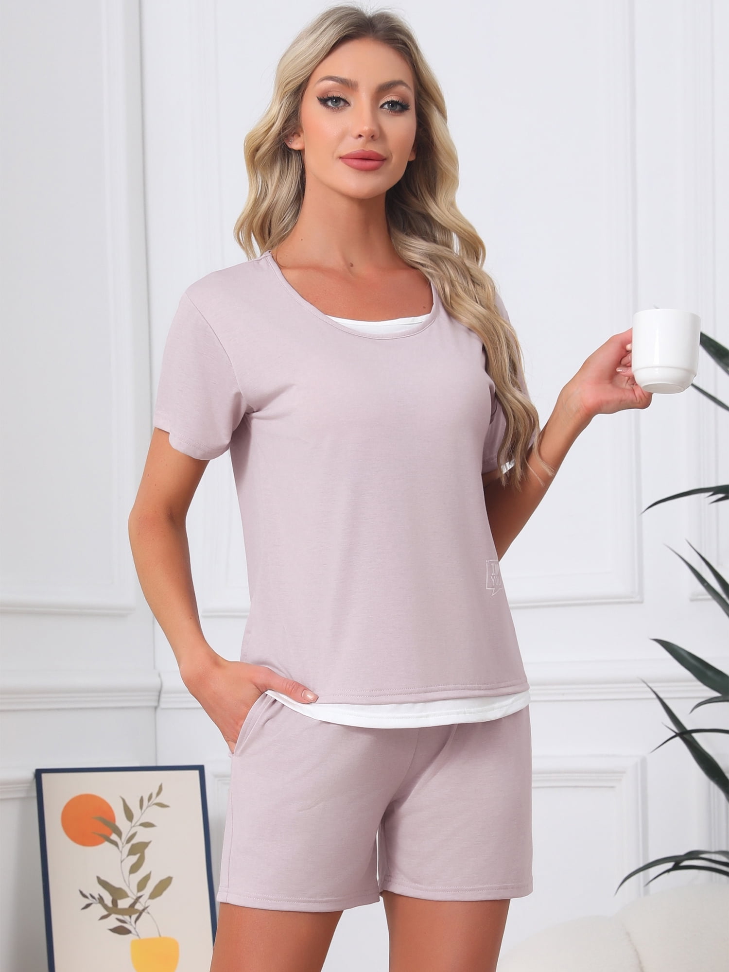 DARING DIVA Women's Pajama Set with Built-in Bra and Shorts Comfy Lounge Set S Pink