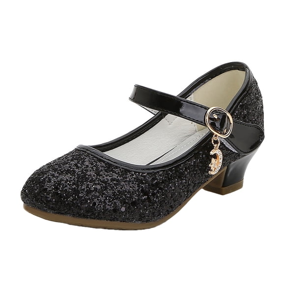 Quealent Girls Dress Shoes Wedding Party Heel Mary Jane Princess Flower Shoes (Toddler/Little Kid/Big Kid) Black for Size 3.5
