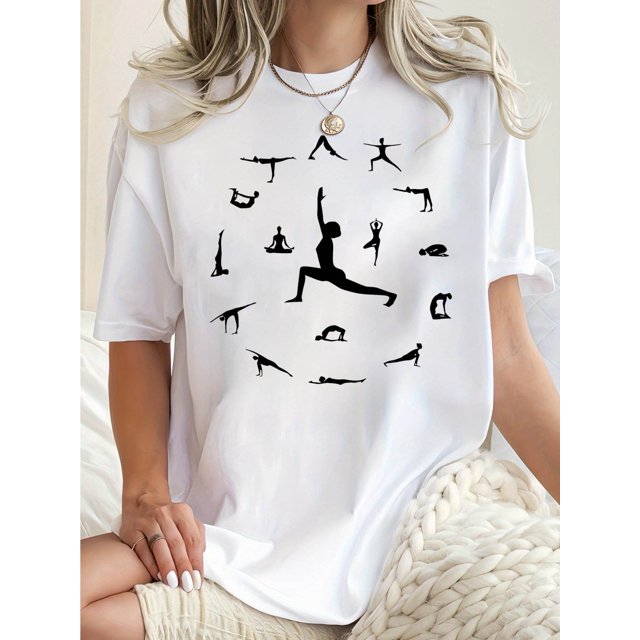 1pc Women'S Fashion Yoga Pose Print T-Shirt, Casual Crew Neck Short Sleeve Top, Cotton Knit Fabric with Medium Stretch, All-Season Comfort Fit Tee