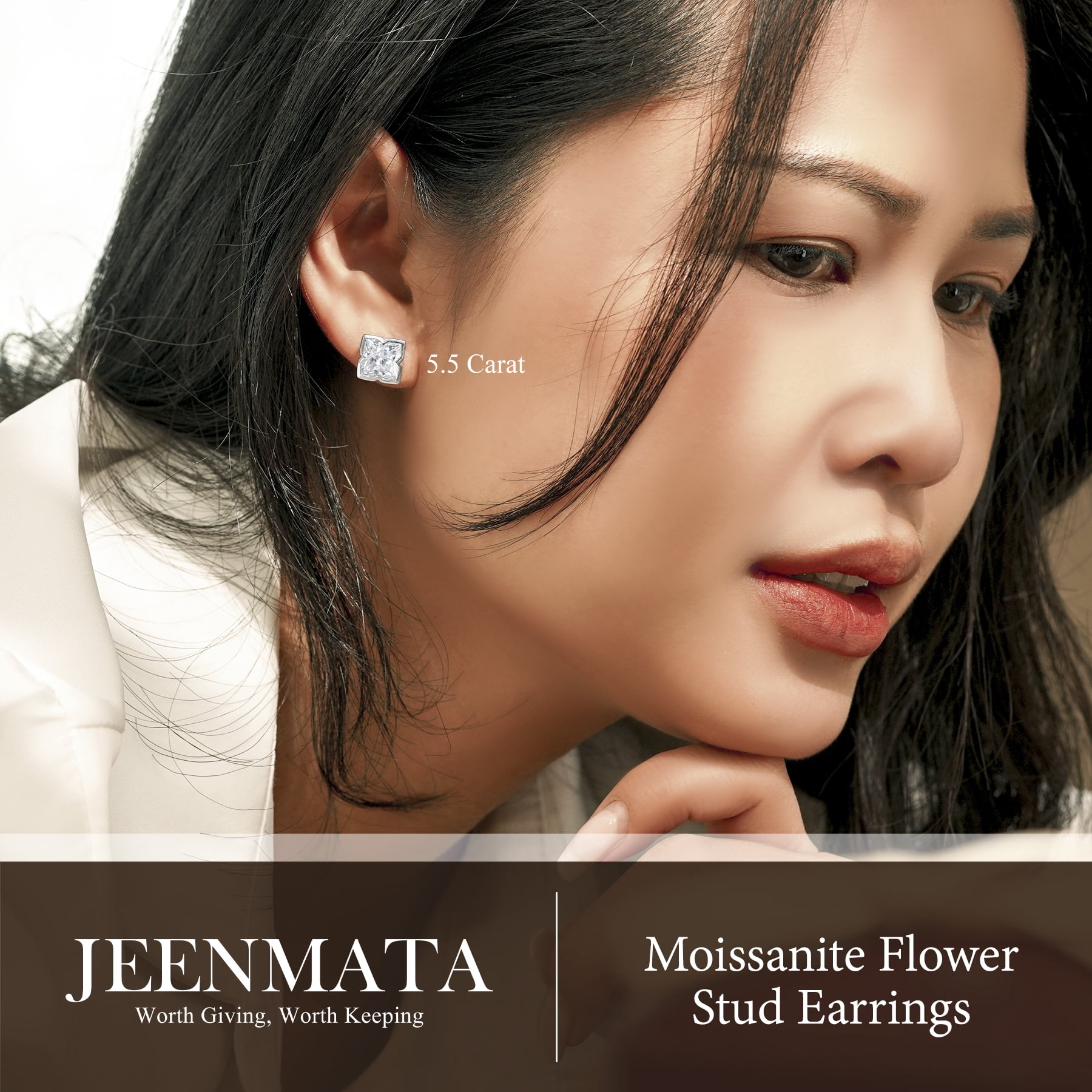 JeenMata 5.5 Carat Moissanite Flower Stud Earrings - 18K White Gold Plating for Women
