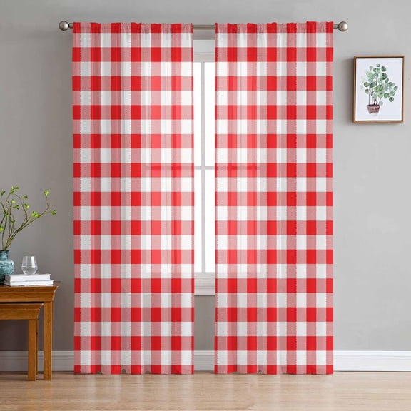 Red White Plaid Semi Sheer Curtains 72 Inch Length 2 Panels Set, Modern Farmhouse Buffalo Check Gingham Sheer Kitchen Curtain Privacy Voile Window Curtain for Living Room Bedroom Rod Pocket Drapes