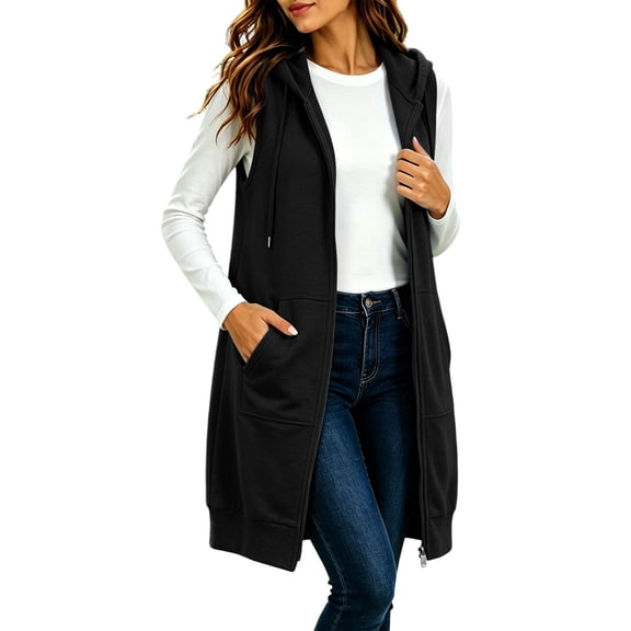 Edvintorg Jackets for Women Sleeveless Lightweight Zip up Hooded Long Coat with Pockets Fall Outerwear Plus Size Women’S Clothing Black M
