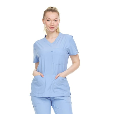 

Heal + Wear Women Scrubs Top V-Neck Short Sleeve Female Medical with Pockets Regular Fit 4 Way Stretch Lavender L