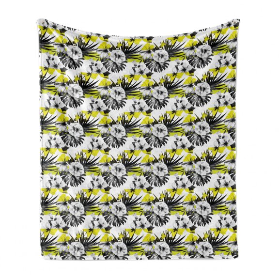Flower Soft Flannel Fleece Throw Blanket, Modern and Composition with Hibiscus Buds and Blossoms, Cozy Plush for Indoor and Outdoor Use, 50" x 70", Charcoal Grey Yellow, by Ambesonne