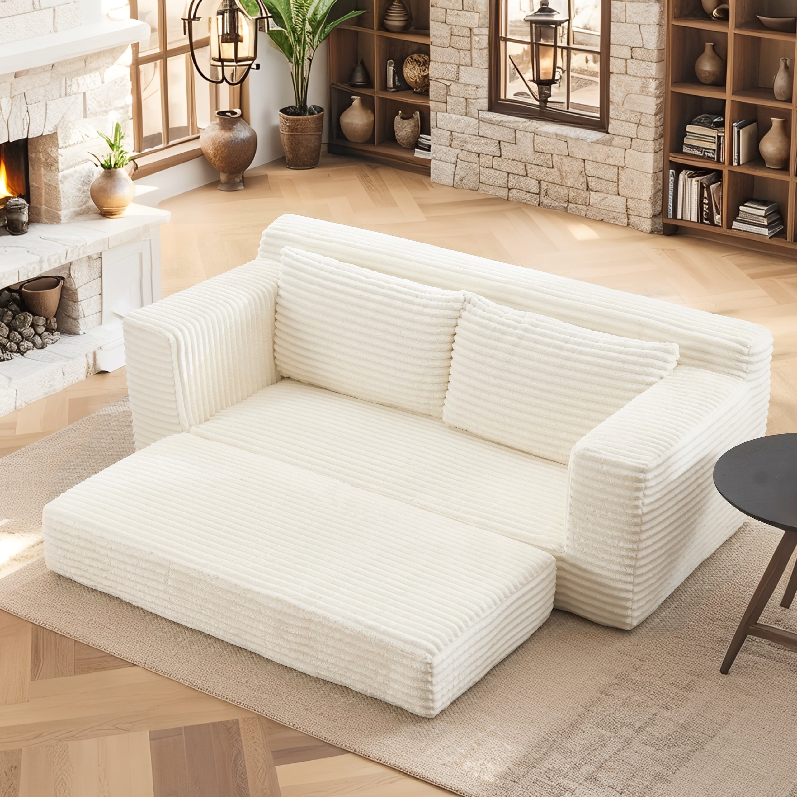 Leumius Convertible Loveseat Compression Sofa for Living Room,Corduroy 2 Seater Couch Memory Foam Sofa for Small Spaces,Apartments,Office,Beige