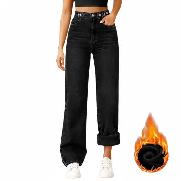 Outfmvch Fleece Jeans Women Tummy Control Jeans Womens Fall Pants Stretchy Jeans for Women Womens Jeans High Waisted Baggy Jeans for Woman Jeans Women Black L