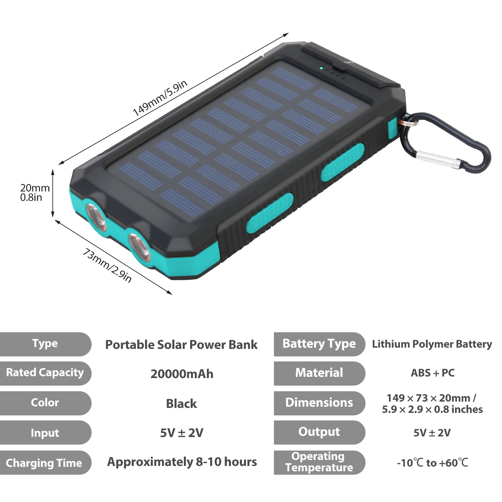 BAOKALER Solar Power Bank, Portable Charger, 20000mAh Solar Charger with LED Flashlight, IP65 Waterproof External Backup Battery Pack Perfect for Camping, Outdoor Activities（Blue）