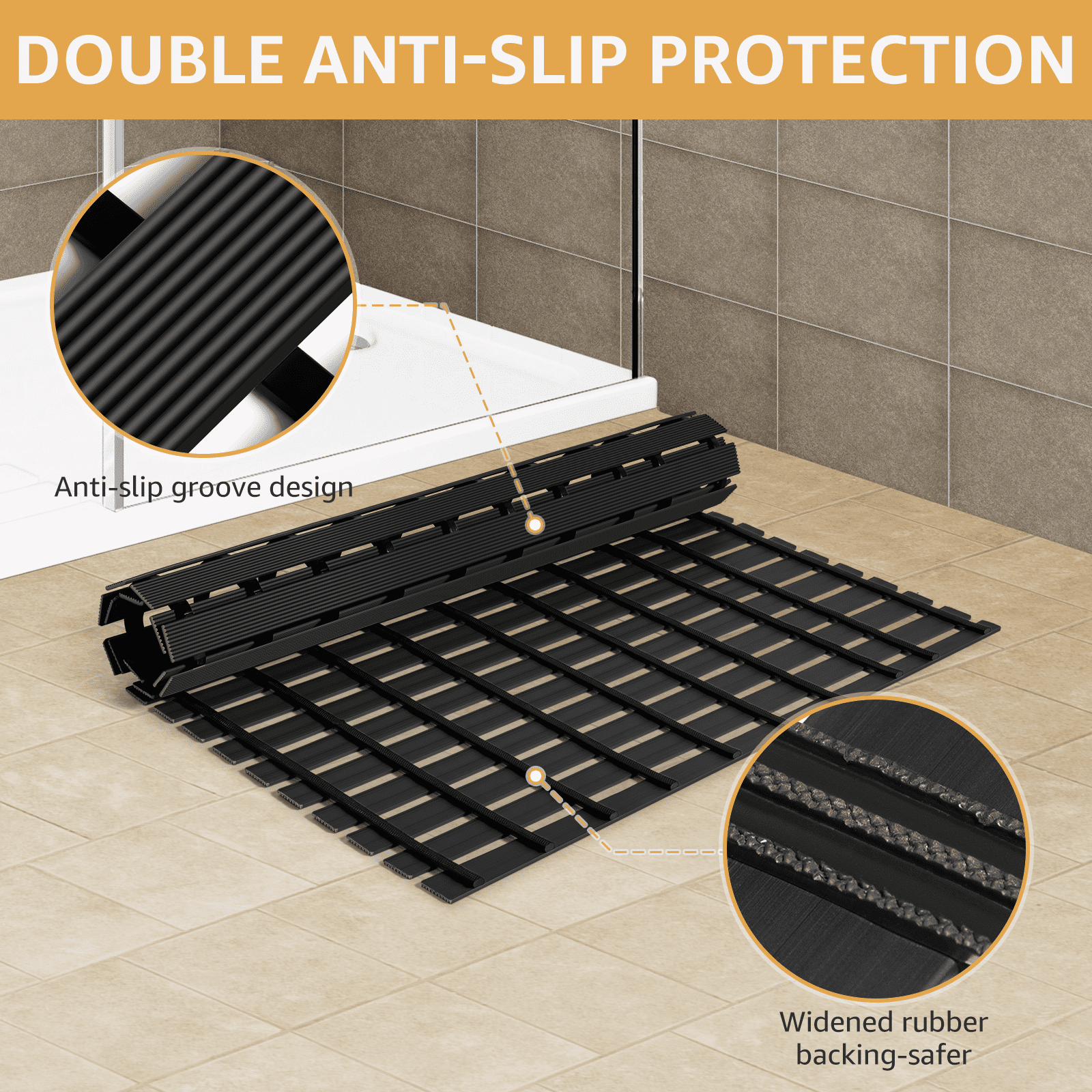 Yolife Extra Large PVC Shower Mat, 35.4x24 inch Non-Slip Bath Mat with Quick Drain, No Suction Cups, Easy to Cut & Store for Tub, Stall, Spa,Black