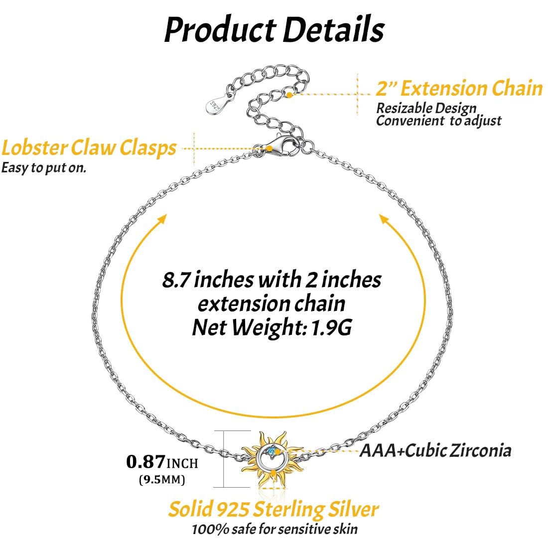 ChicSilver 925 Silver Sun Anklet, Delicate Women's Foot Jewelry for Summer - Beach Ready Charm, Gift Box Included