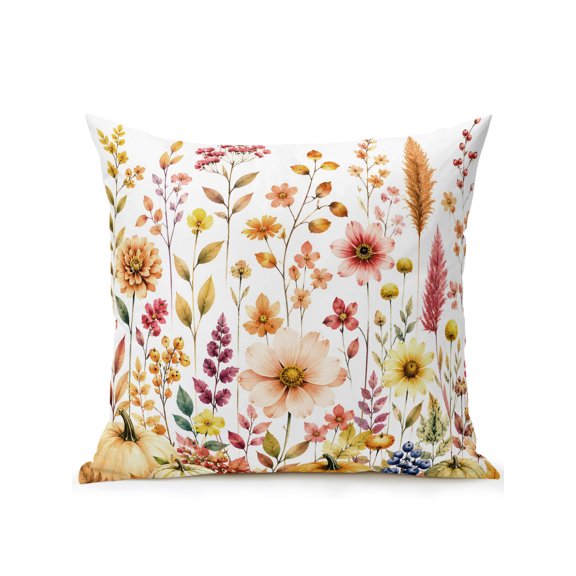 Outdoor Pillows Waterproof, Thanksgiving Pumpkin Bedding Throw Pillows with Insert for Couch Sofa Bed, Country Botanical Flowers Plants 18x18 Inch Pillowcases Decorative Camping Patio Pillow Set of 1