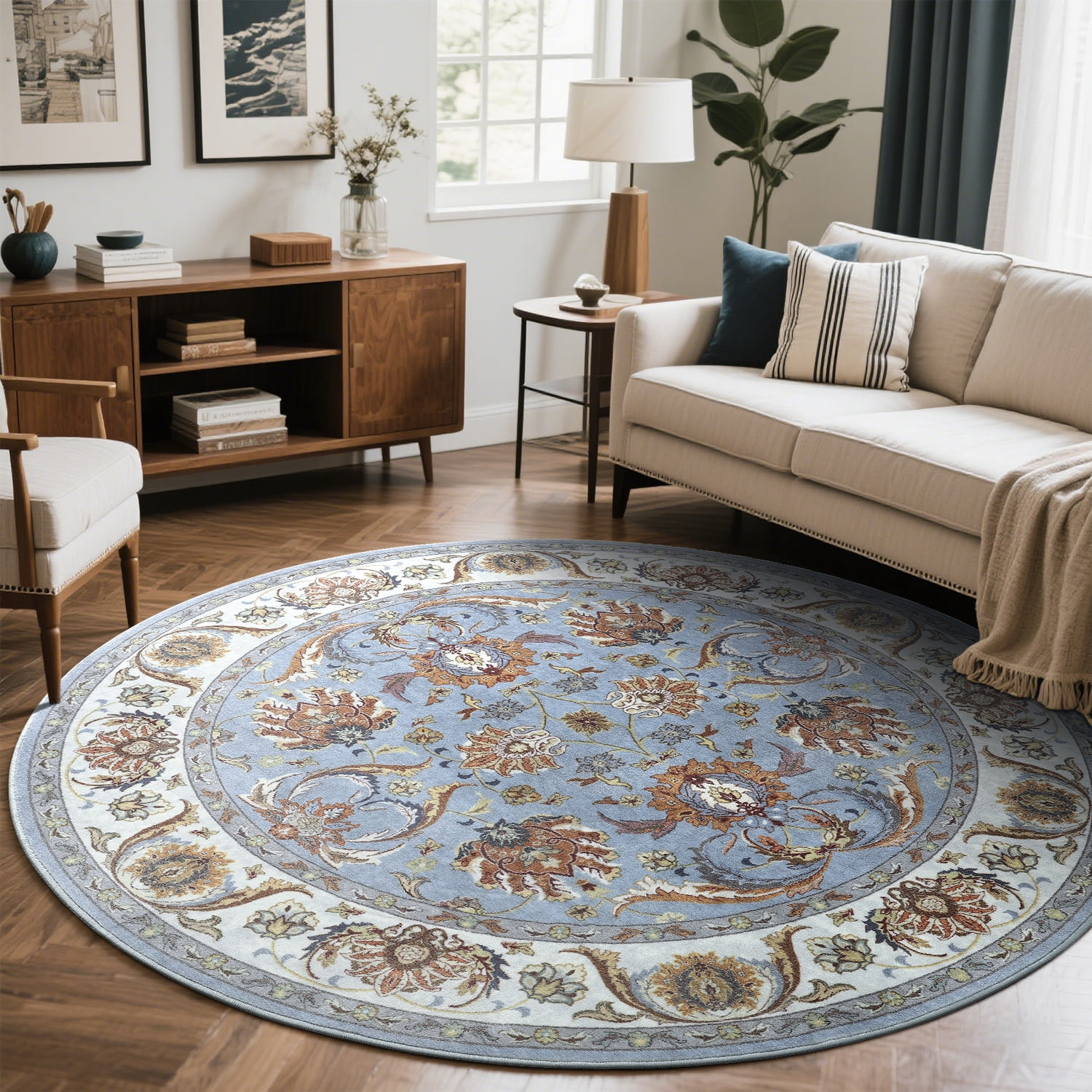 Cydiria Blue Round Persian Medallion Area Rug Floral Pattern Print Low-Pile Carpet for Living Room, 6' x 6'