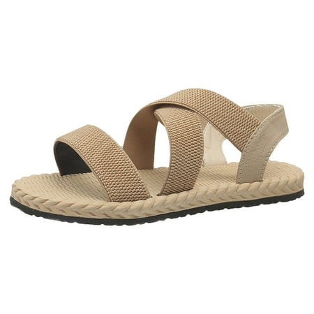

PEASKJP Sandals Women Wide Feet Women s Flat Sandals with Rhinestone Open Toe Elastic Slip On Slingback Comfort Casual Walking Sandals (Beige 8)