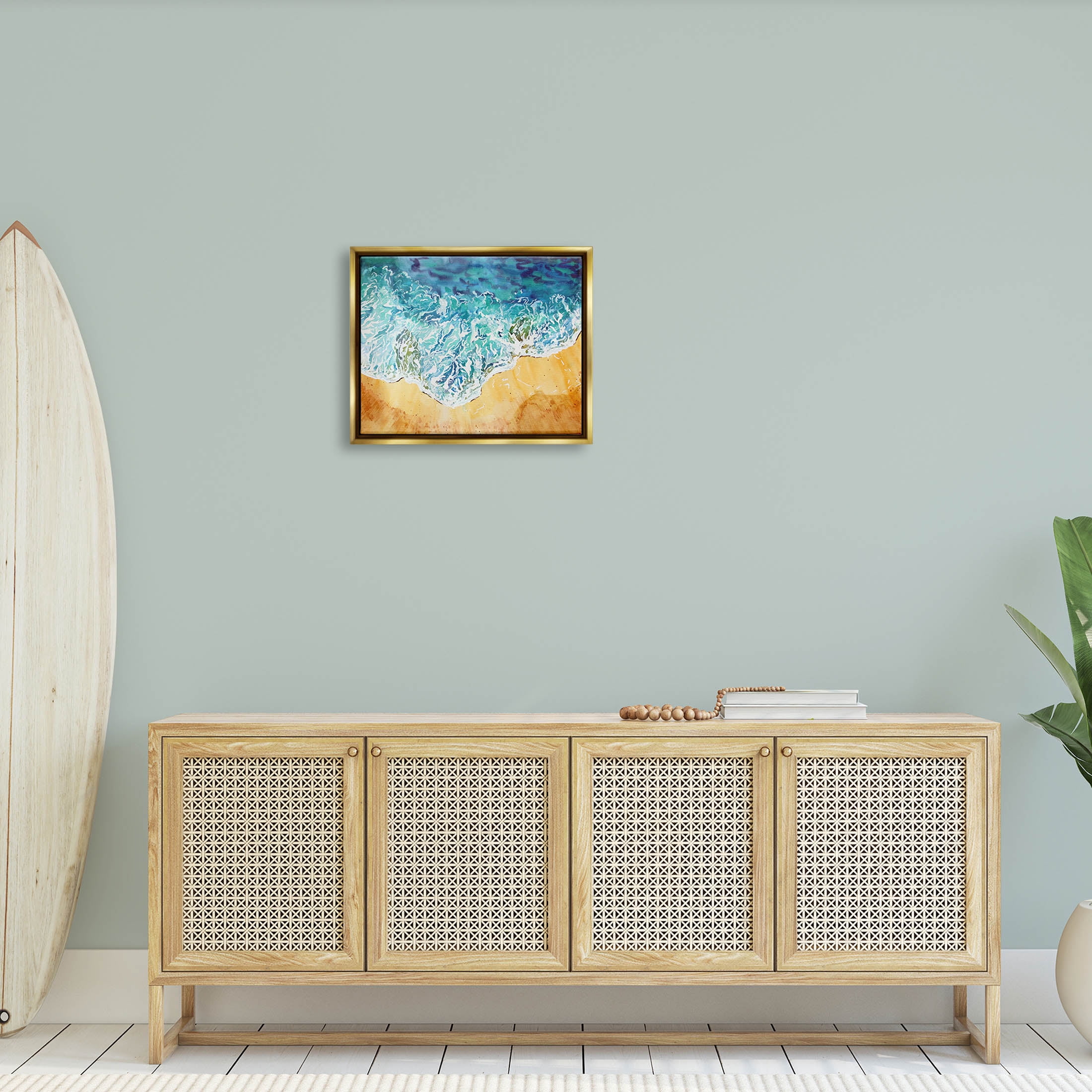 Aerial Wave Splash Shore Coastal Graphic Art Metallic Gold Framed Art Print Wall Art