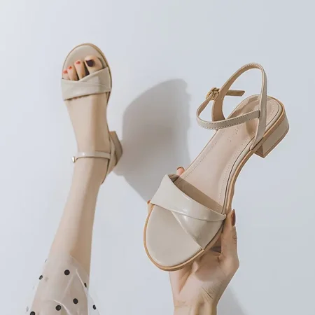 

Women‘s Buckle Belt Slingback Sandals Solid Color Faux Leather Chunky Heeled Sandals Women‘s Footwear