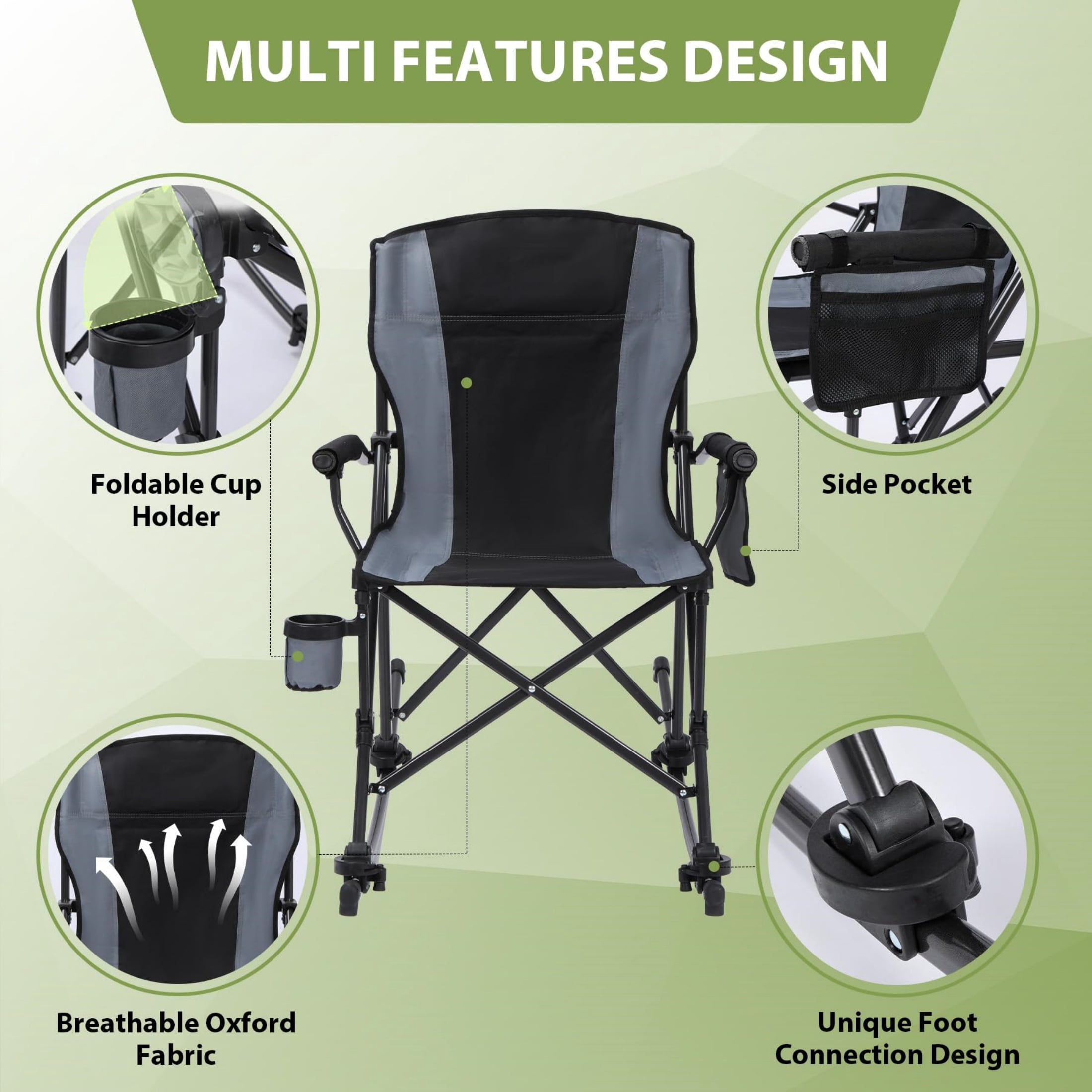 REDCAMP Oversized Folding Camping Chair 2-Pack for Adults, Heavy Duty Portable Lawn Chairs with High Back, Cup Holder, Detachable Rockers, Black, Supports Up to 330 lb
