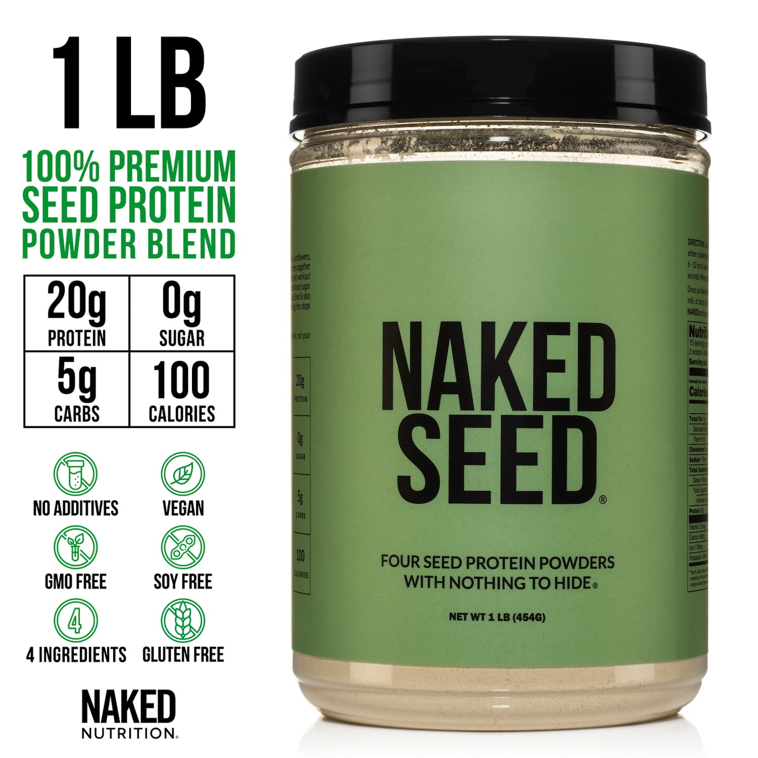 Naked Seed - 4 Seed Protein Powder, Only 4 Ingredients - Chia, Watermelon, Sunflower and Pumpkin Seed - Gluten-Free, Soy Free, Vegan, No Gmos, No Artificial Sweeteners - 15 Servings
