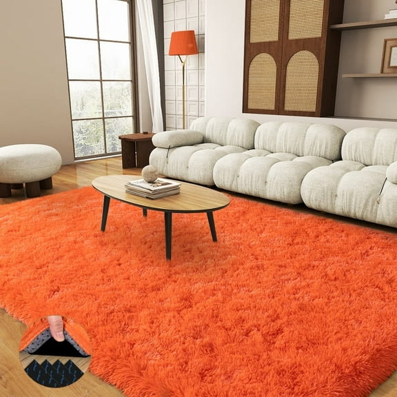 room rug 6x9ft Area Rugs for Living Room, Large Fluffy Black Rugs for Bedroom, Soft Carpet Shag Kids Room Rug, Non-Slip Stickers Rugs Indoor Orange