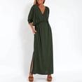 thumbnail image 3 of TAGOLD Womens Short Sleeve V-Neck Ankle Dress Solid Color High Waist Slit Loose Summer Casual Wear, 3 of 5