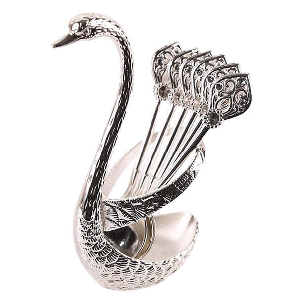 Juego de vajilla de acero inoxidable con base de cisne decorativa y 6 cucharas para café. 122 cm