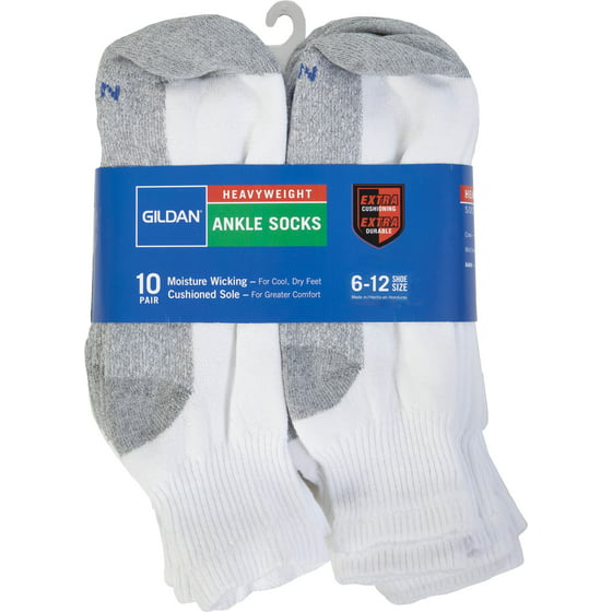 Gildan - Men's Heavyweight Cushion-Sole White Ankle Socks, 10-pack ...