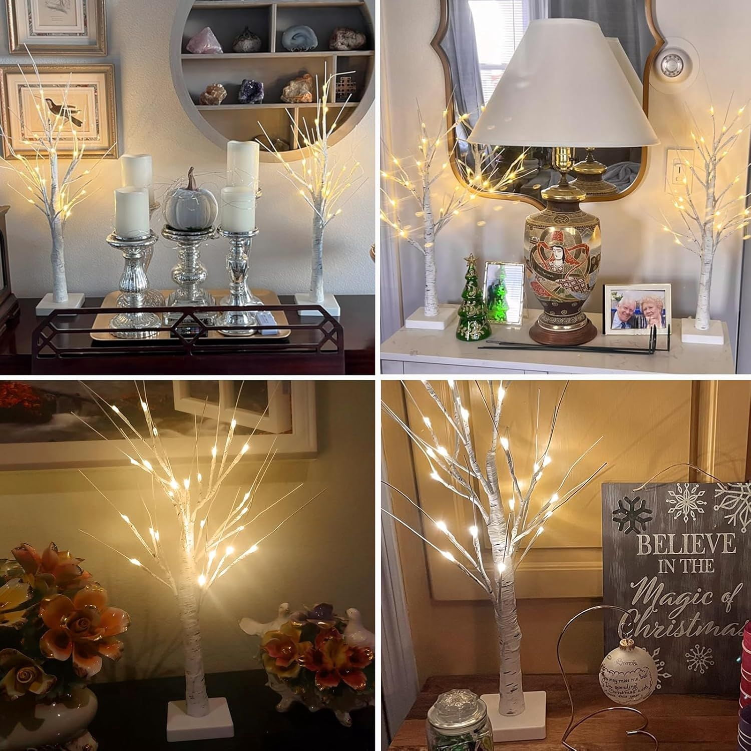 4-Pack 2FT Lighted Birch Tree with Timer for Christmas Decorations Indoor, Artificial Birch Tree with 48 LED Warm White Lights, Fairy Light Tabletop Centerpiece Tree for Christmas Winter