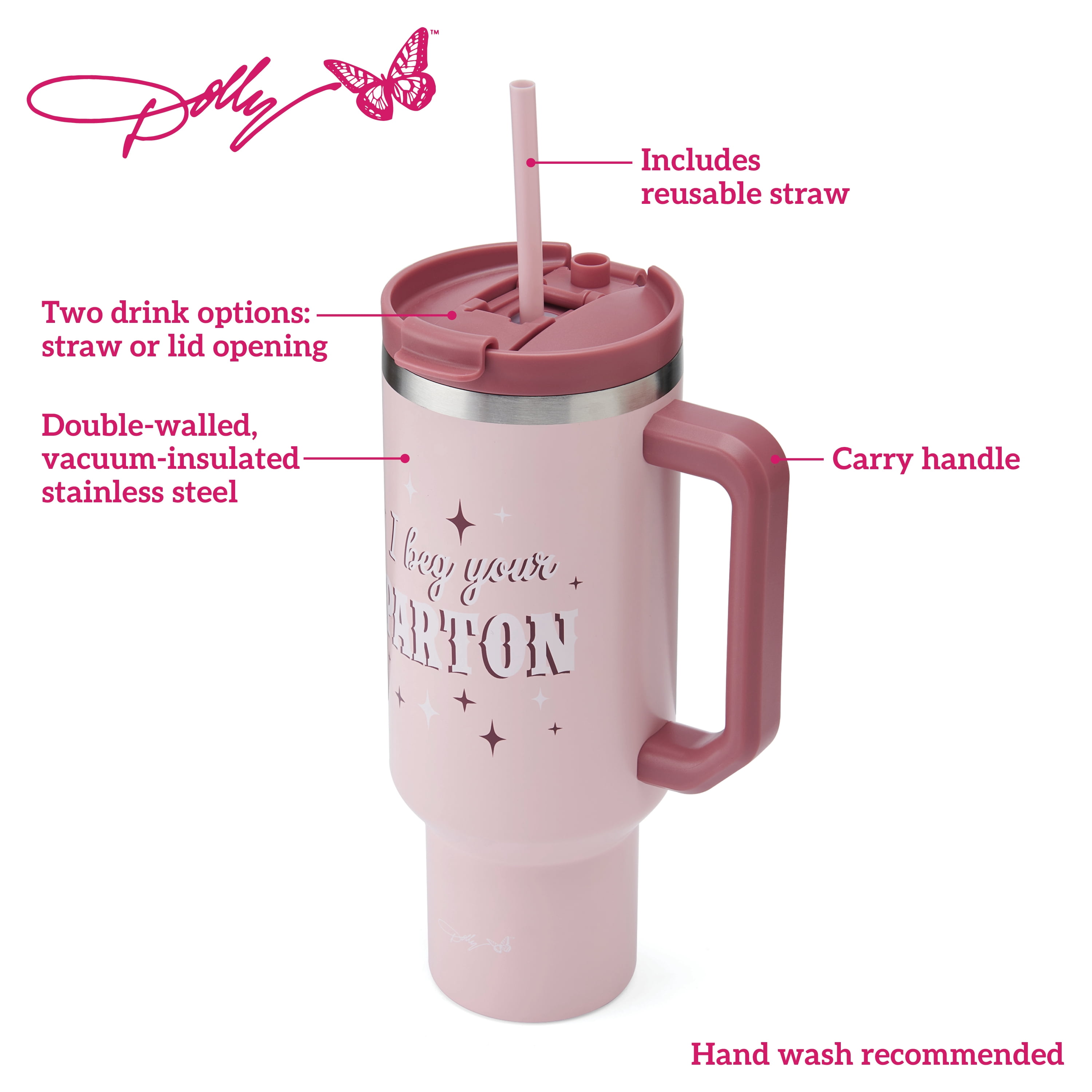 Dolly Parton 40 oz Stainless Steel Tumbler with Handle, Pink
