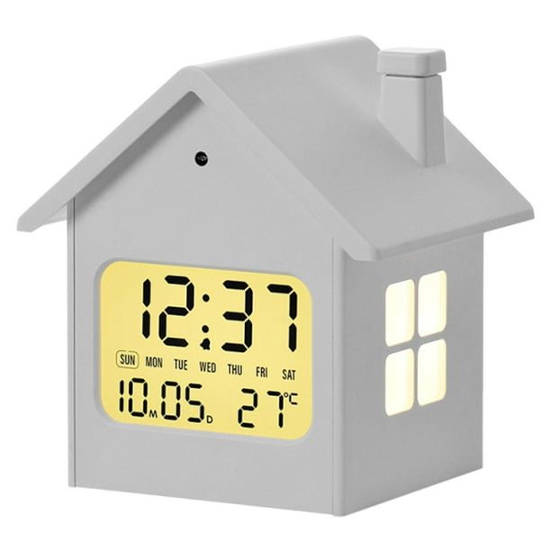 Despertador digital con forma de casa, tejado, adorno infantil, mesilla de noche de dibujos animados Blanco