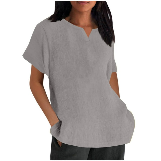 Kovlvoll Hauts d'Été pour Femmes Col en V Manches Courtes Coton Lin Confortables Chemises Unies Grande Taille