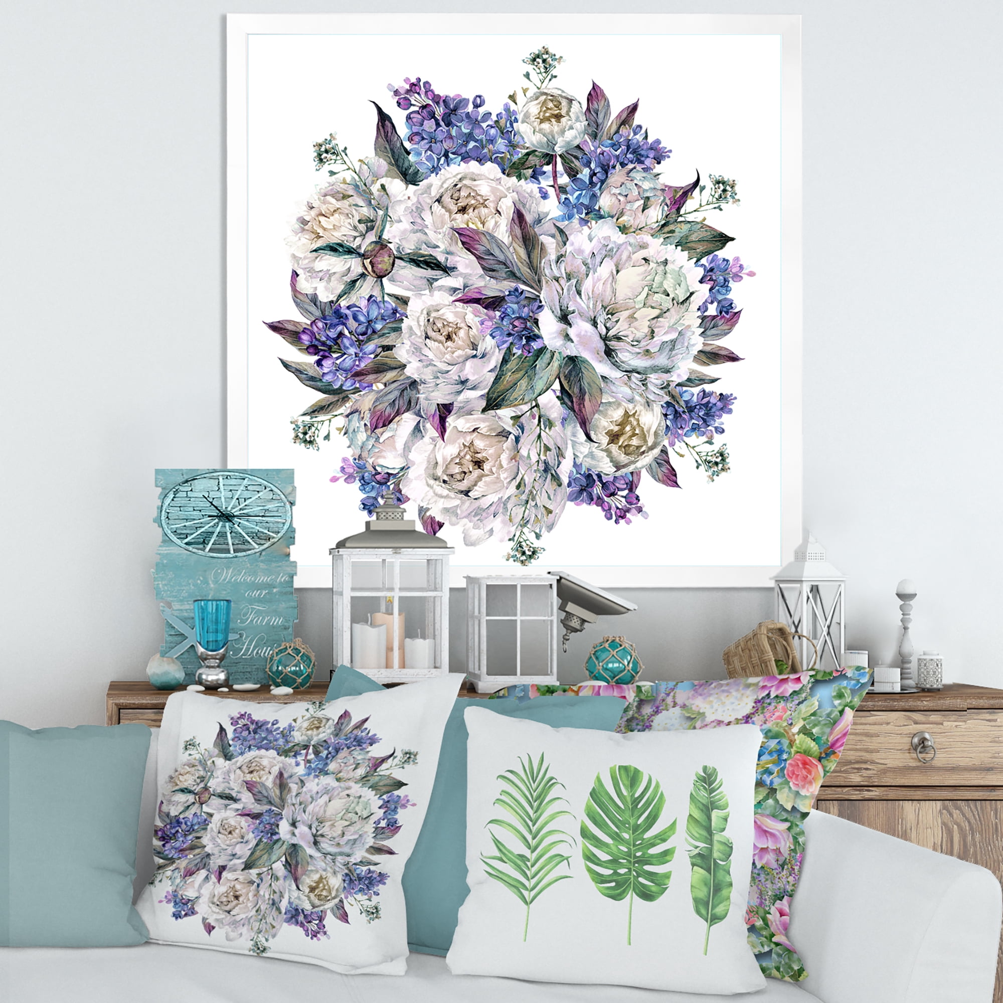 Designart 'Bouquet Peonies In Blue and White' Traditional Framed Art Print