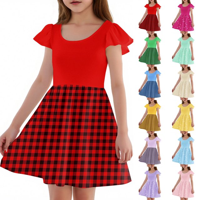 Girls 2025 Summer Dresses Robe à Carreaux Manches Courtes Décontractée pour Enfants Confortable et Élégante, Taille : 110