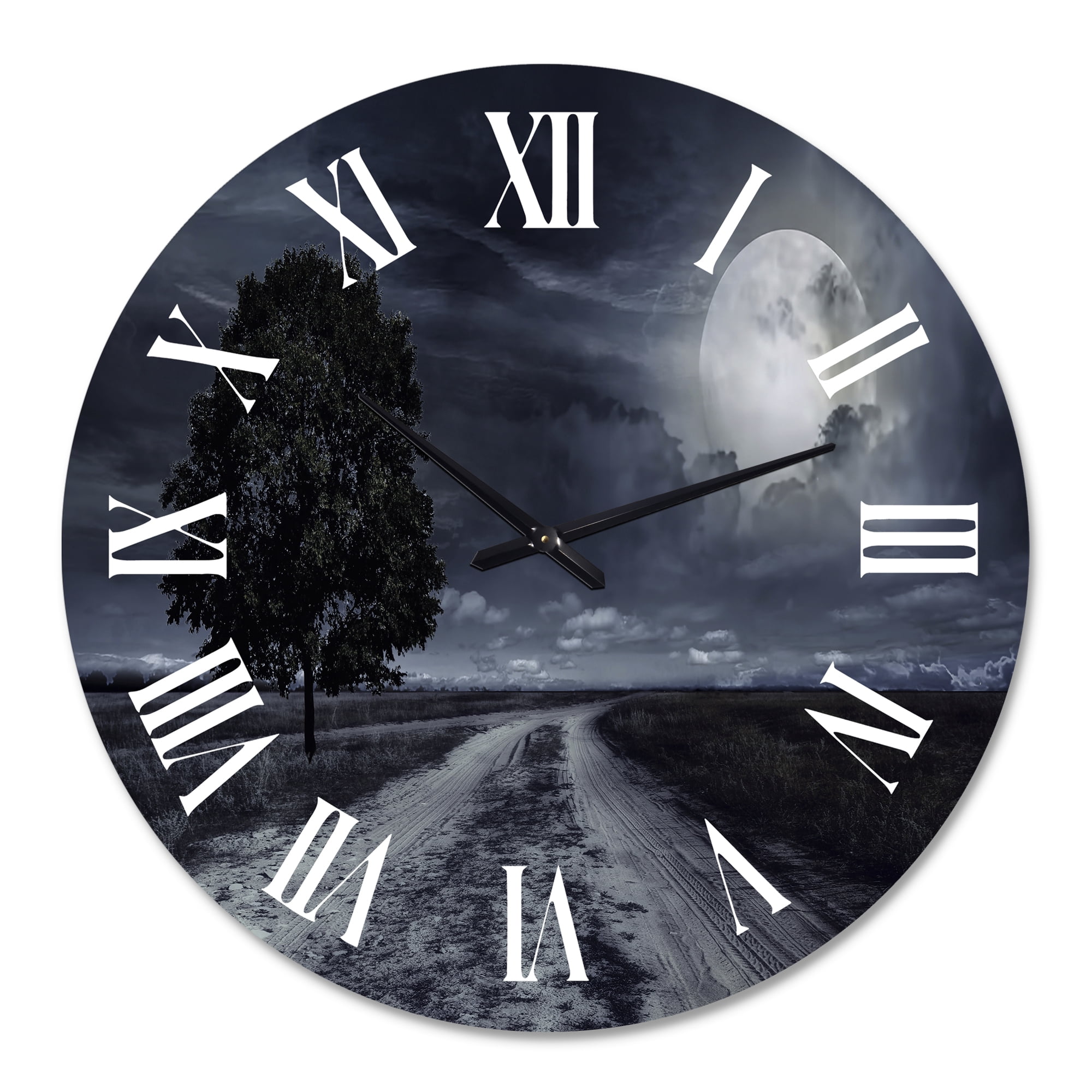 Designart 'Paved Road Under A Full Moon' Nautical & Coastal Wall Clock