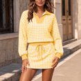 thumbnail image 2 of Women's 2 Piece Plaid Outfits Long Sleeve Collar V Neck Sweatshirt and Drawstring Mini Skirt Lounge Sets Casual Fall Winter Tracksuit Matching Set Yellow, 2 of 7