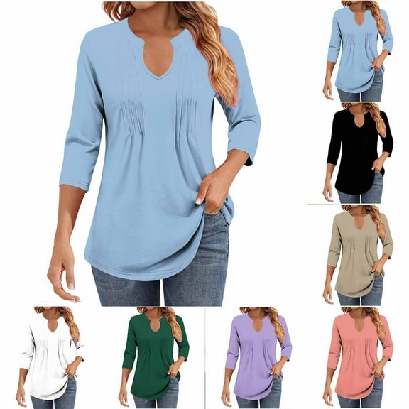 Jsaierl Women's 3/4 Length Sleeve Tops Summer V Neck Shirts Dressy Solid Petite Pleated Blouses Classic Loose Fit T-shirts Top S-2XL