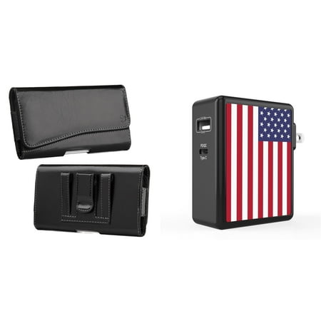 

Pouch and Wall Charger Bundle for OnePlus 10T 5G: Executive PU Leather Magnetic Belt Holster Case (Black) and 45W Dual USB Port PD Power Delivery Type-C and USB-A Power Adapter (American USA Flag)