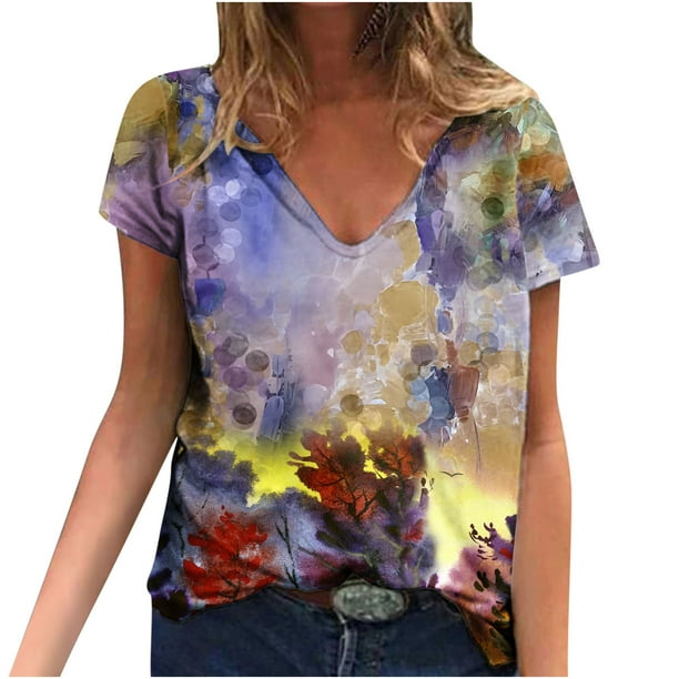 Blusa estampada de verano para mujer, camisetas casuales de manga corta con cuello en V, camisetas Pompotops hkajfhjk472632