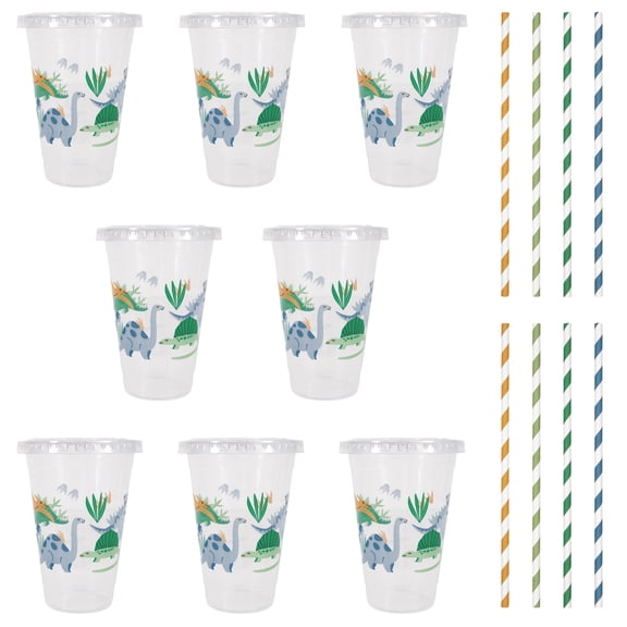 8 Count 16FL OZ Multicolor Dinosaur Disposable Plastic Cups with Lids and Straws by Way To Celebrate