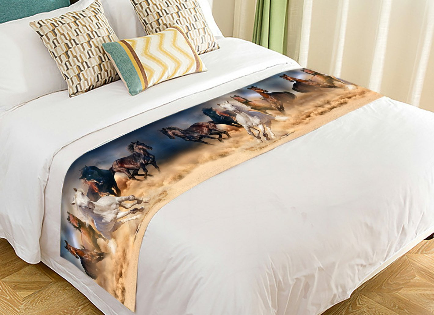 GCKG Wild Animal Bed Runner, Horse Herd Run in Desert Sand Storm Bed Runners Scarves Bed Decoration 20x95 inch