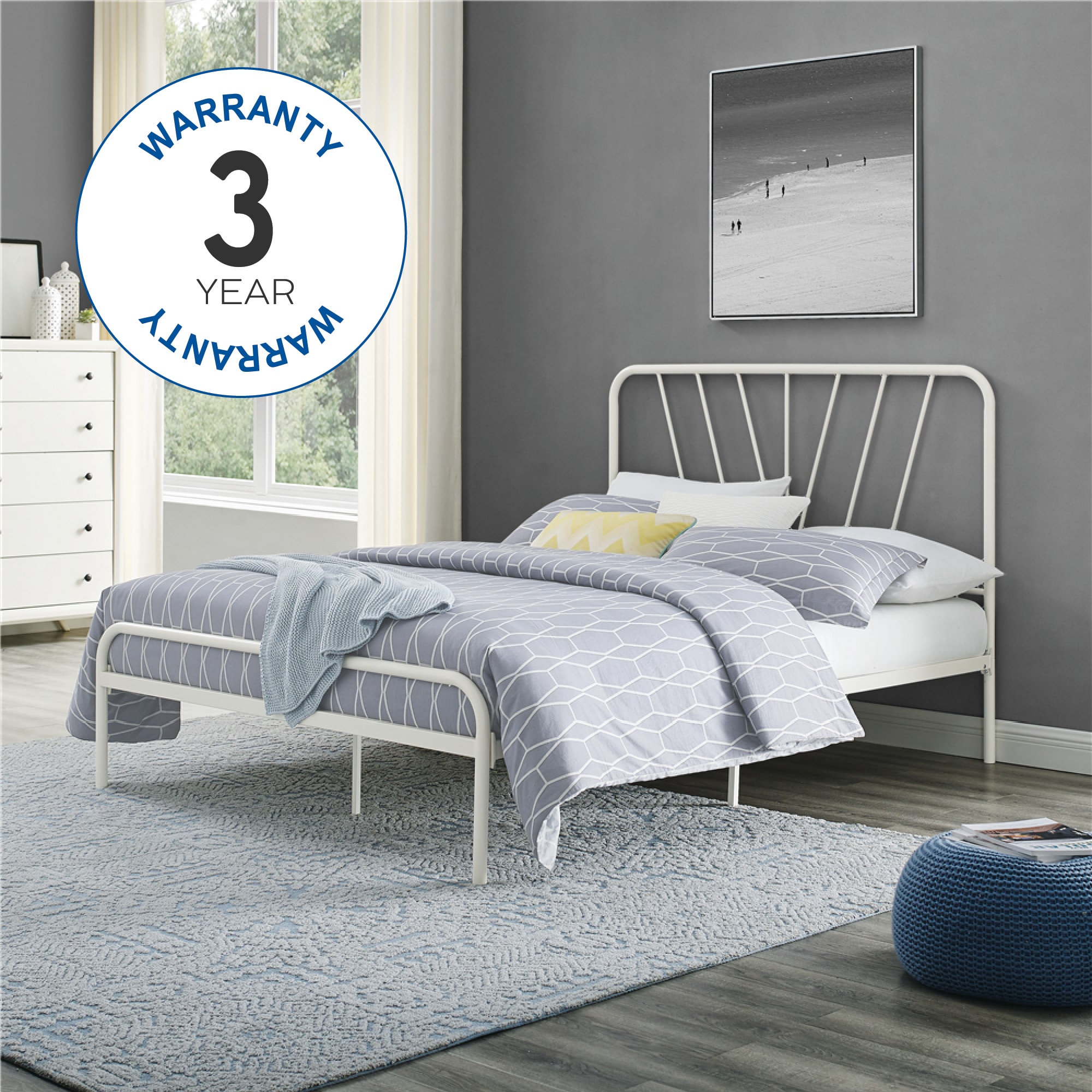 Modern Essentials Valermo Metal Bed Frame with Headboard, Full. White