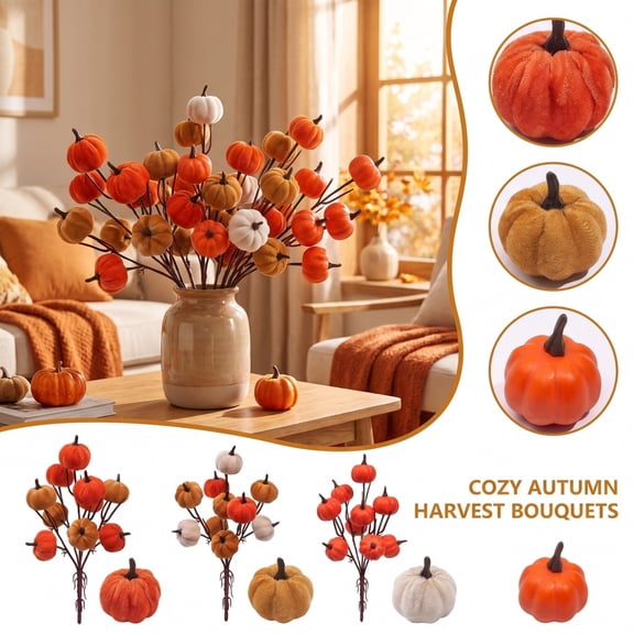 Artificial Pumpkins Stems Autumn Pumpkins Branches Fake Pumpkin Twig Picks for Thanksgiving Table Centerpieces Seasonal Home Floral Arrangement Vase Filler Decor A