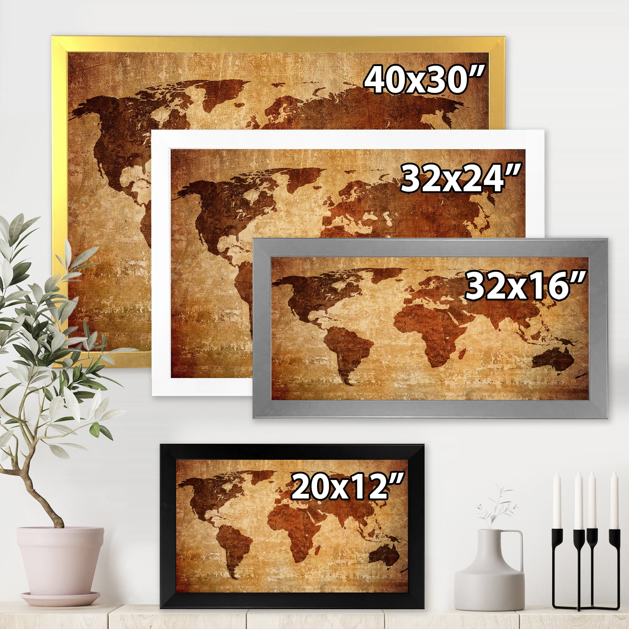 Designart 'Ancient World Map XI' Vintage Framed Art Print