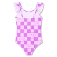 thumbnail image 2 of Serdomi Girls Purple Ruffle Neckline One-Piece Swimsuit for Kids Smiling Face Checkered Summer Bathing Suit Size 2T/3T, 2 of 7