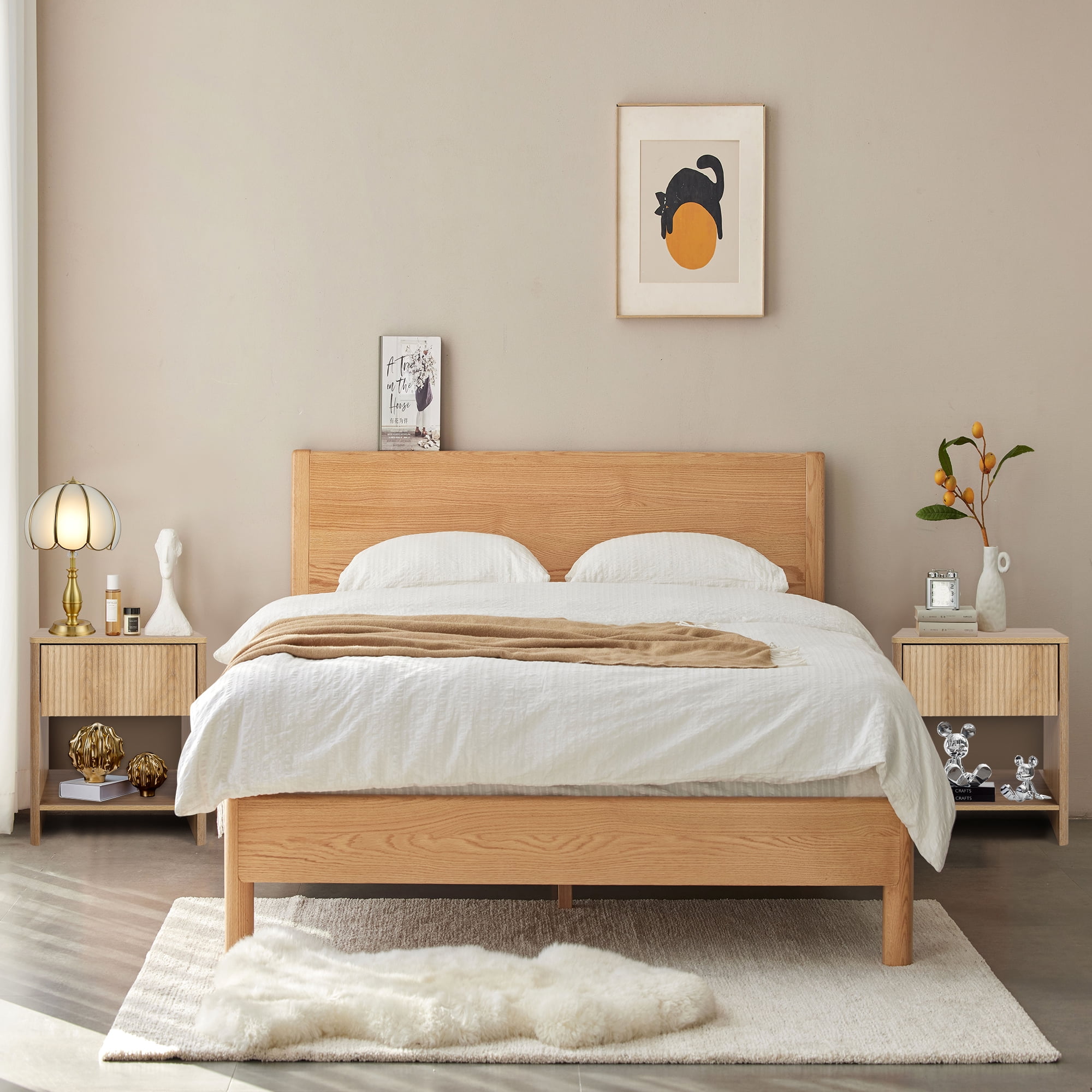 Weselon Modern Fluted Nightstand, Curved Side Bedside Table with Drawer and Open Shelf for Bedroom, Natural Oak