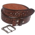 thumbnail image 3 of 1 1/2" Snap On Embossed Vintage Cowhide Full Grain Leather Floral Rivet Perforated Casual Belt, 3 of 5