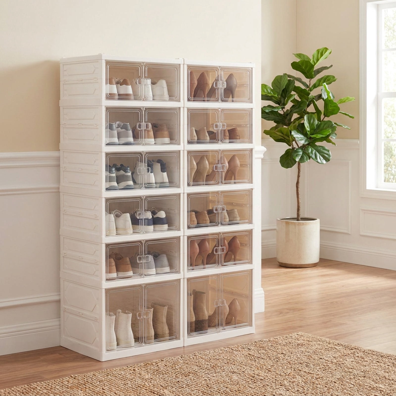 Furnibear Foldable Shoe Rack Organizer 12 Pair 6 Tier Collapsible Shoe Cabinet with See Through Doors for Closet and Entryway, White