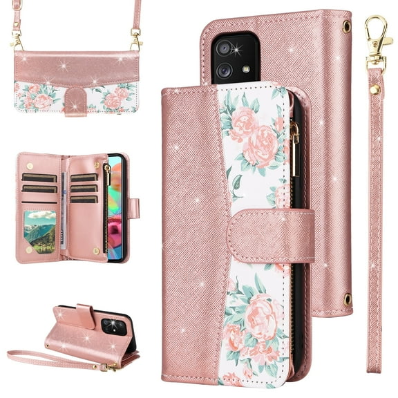Furiet for Samsung Galaxy A71 5G Floral Wallet Case with Flip Zipper Purse Wrist Strap Shoulder Strap, Luxury Glitter PU Leather Card Holder Stand Cell Phone Cover for A 71 G5 71A S71 Women Rose Gold
